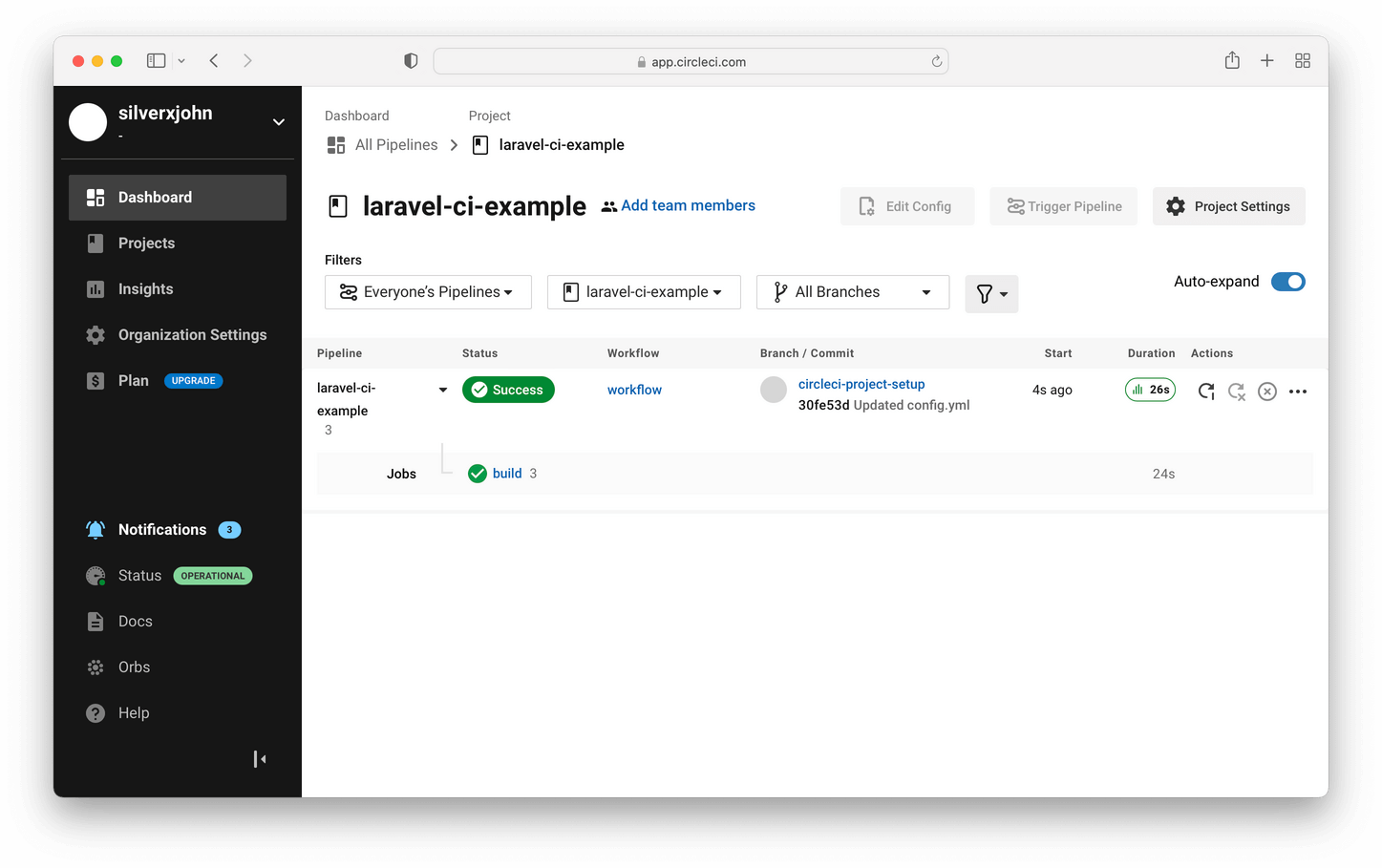 Screen shot of CircleCI build status screen