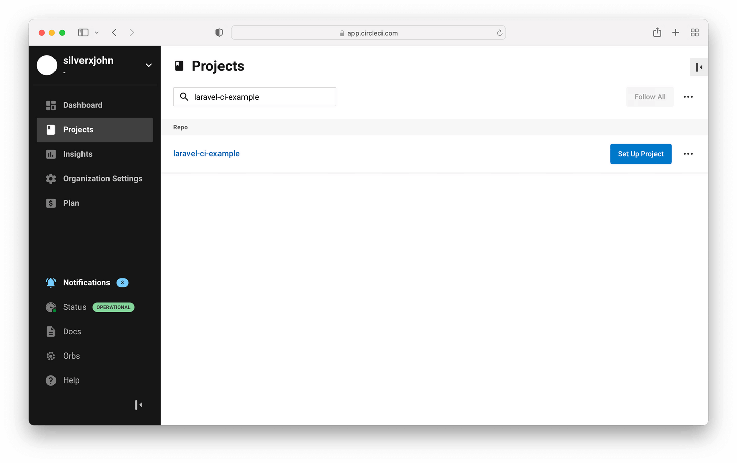 Screen shot of CircleCI page where you can setup your repository